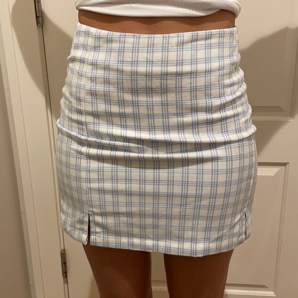 Baby blue plaid pencil skirt.